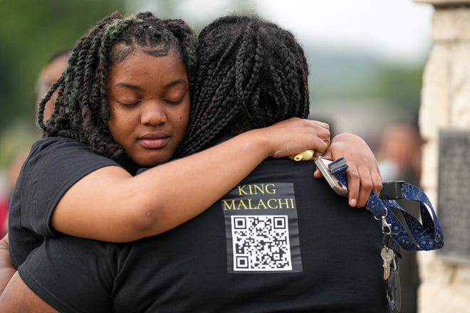 Miriam Williams, sister of Malachi Williams, hugs their mother Shanta Miller at a vigil for Malachi outside San Marcos City Hall on Thursday, April 25, 2024 in San Marcos, Texas. Malachi Williams was killed by San Marcos Police on Thursday, April 11, 2024.