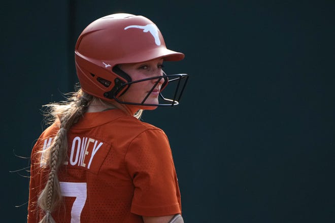 Texas Longhorns outfielder Ashton Maloney (7) steps up to bat during the game against Iowa State at Red and Charline McCombs Field on Friday, April 26, 2024 in Austin.